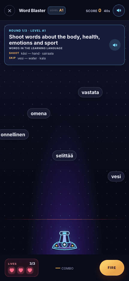 KeelAI interface example: Finnish word game